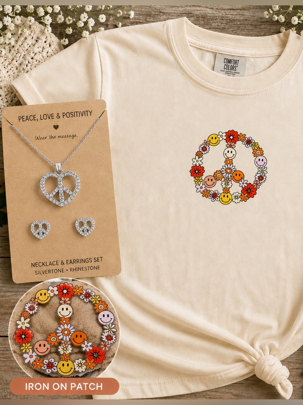 Stainless “Peace” Necklace, Earrings & Iron on for Tee-Shirt